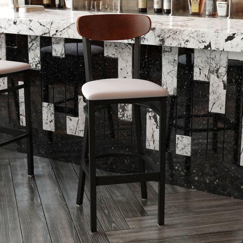 Commercial Metal Barstool with Wood Seat and Boomerang Back