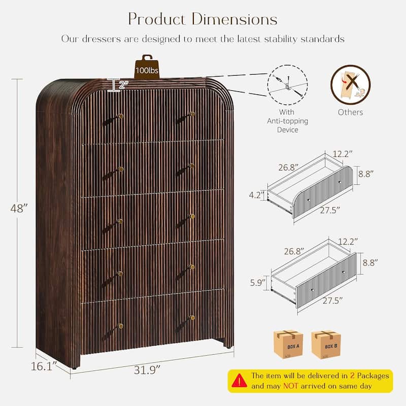 Modern Fluted 5 Drawers Dresser, Wood Chest of Drawers for Bedroom