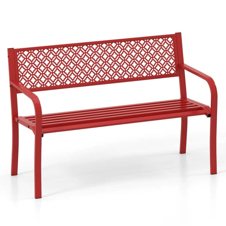 Metal Garden Bench with Lattice Backrest and 790 lbs. Weight Capacity - 50" L x 23" W x 32" H - Red