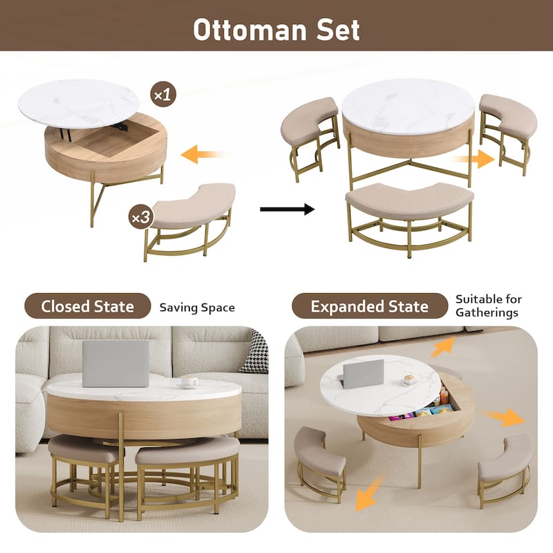 Modern Round Lift-Top Coffee Table with Storage & 3 Ottoman