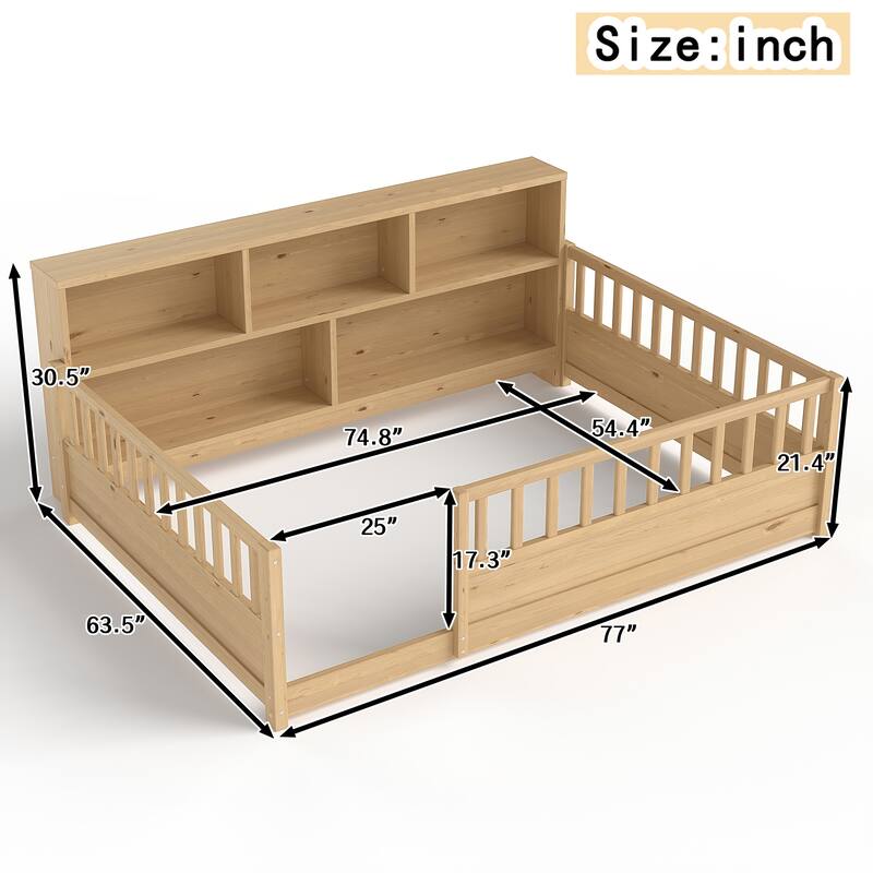 Wooden Floor Bed with Fence Guardrails, Montessori Style Kids Bed Frame with Side Storage Design