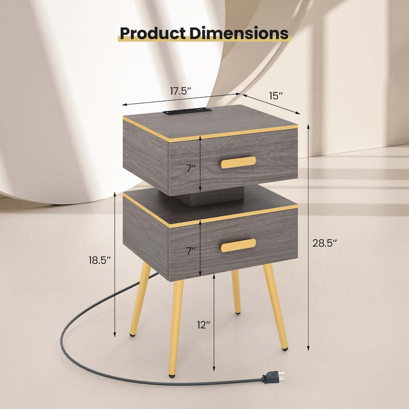 Costway 1/2 PCS Nightstand with Charging Station Bedside Sofa Side