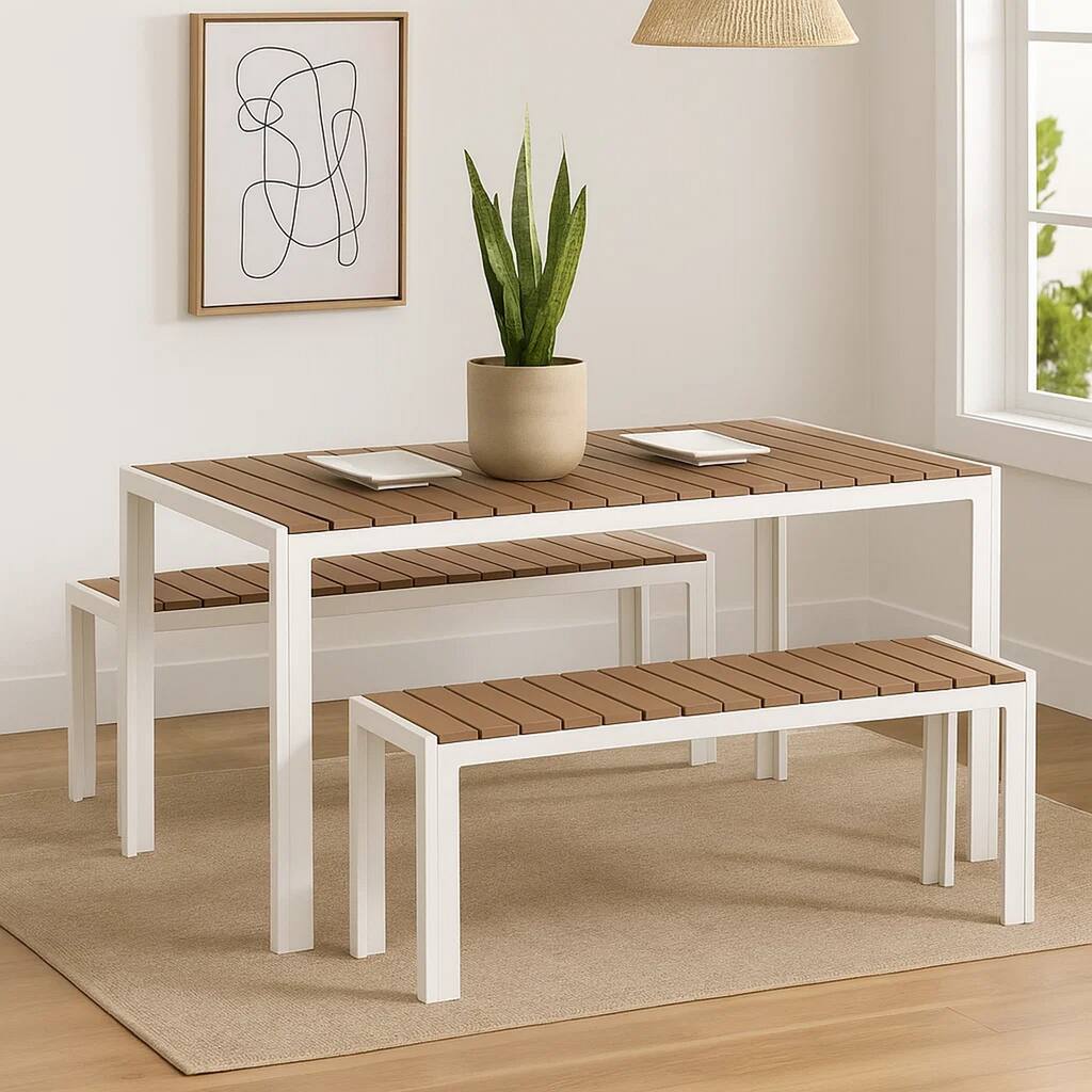 Plain and Contemporary Anodized Aluminum Table and Bench Set in White (Set of 3)