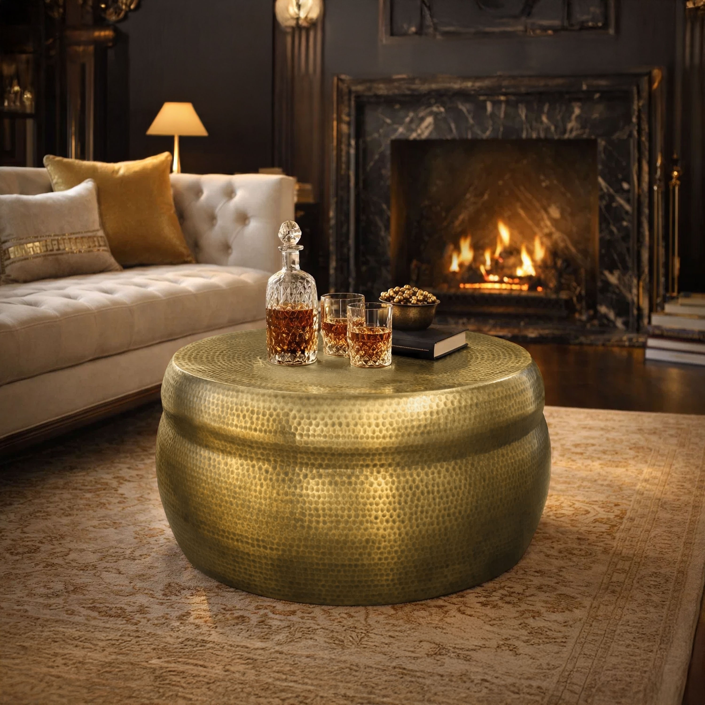 32 Inch Artisanal Round Drum Coffee Table, Hammered Embossed