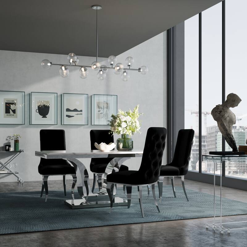 Glam Silver Dining Table Set with 64 inch Dining Table and Black Button Tufted Velvet Dining Chairs