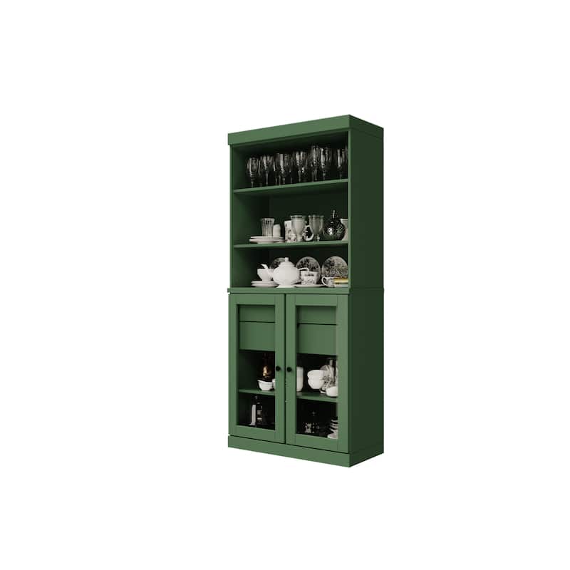 100% Solid Wood Kitchen Pantry Cabinet with 2 Clear Glass or Solid Wood Doors and 2-Drawer Organizer by Palace Imports