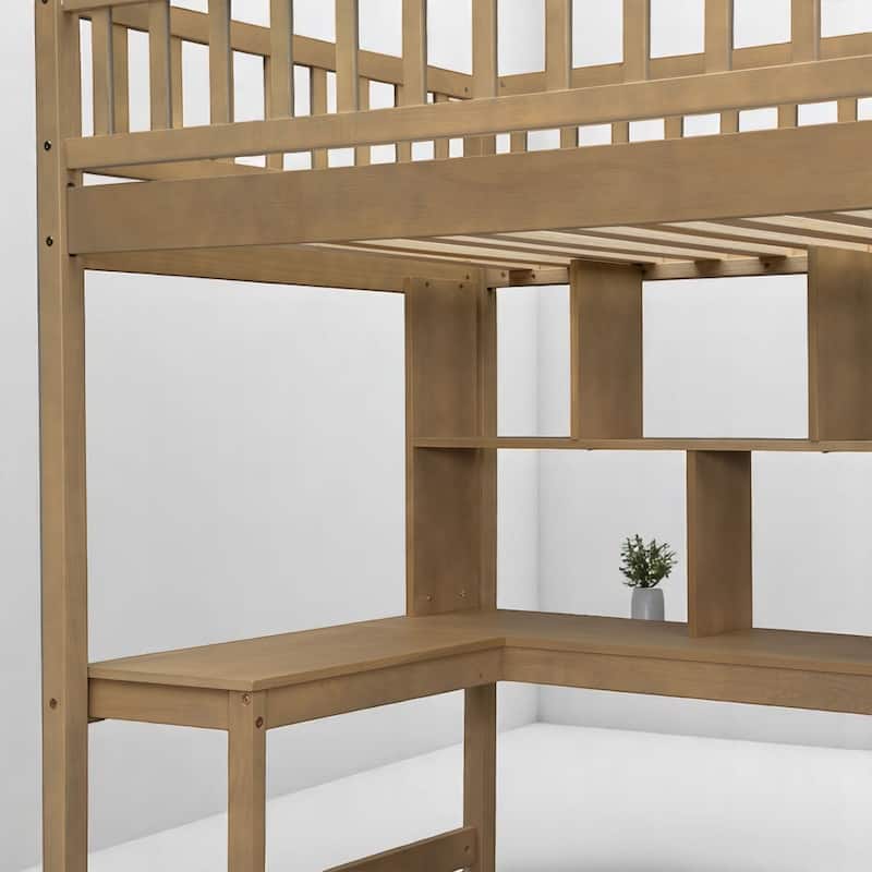 Wood Twin Loft Bed with Desk, 6 Cabinets, LED Strip, Shelves & Stair Storage - No Box Spring Needed