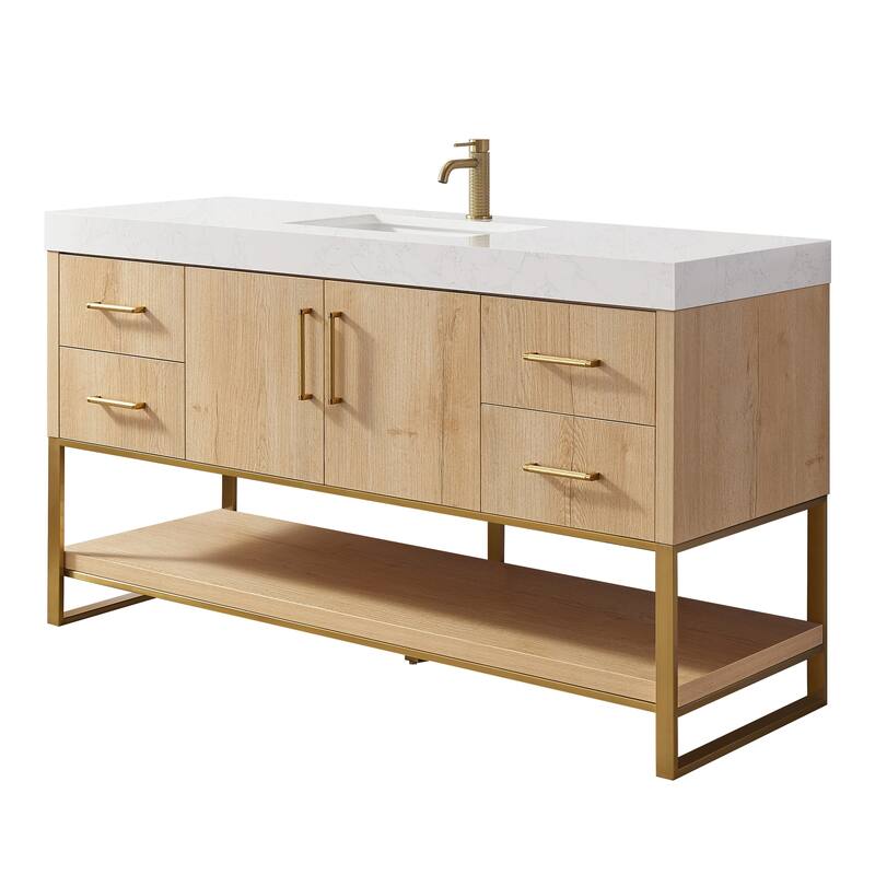 Kolkata Bathroom Vanity in Weathered Oak without Mirror - 60" Single Sink - Golden Hardware