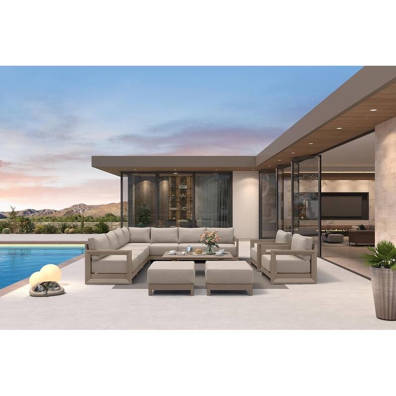 PURPLE LEAF Caesar Khaki Outdoor Couch with 9.6" Thick Cushion and Table for Yard Porch Deck Outdoor Patio Conversation Sets - 9 Seats+2 Ottomans+1 Table - Enclosed