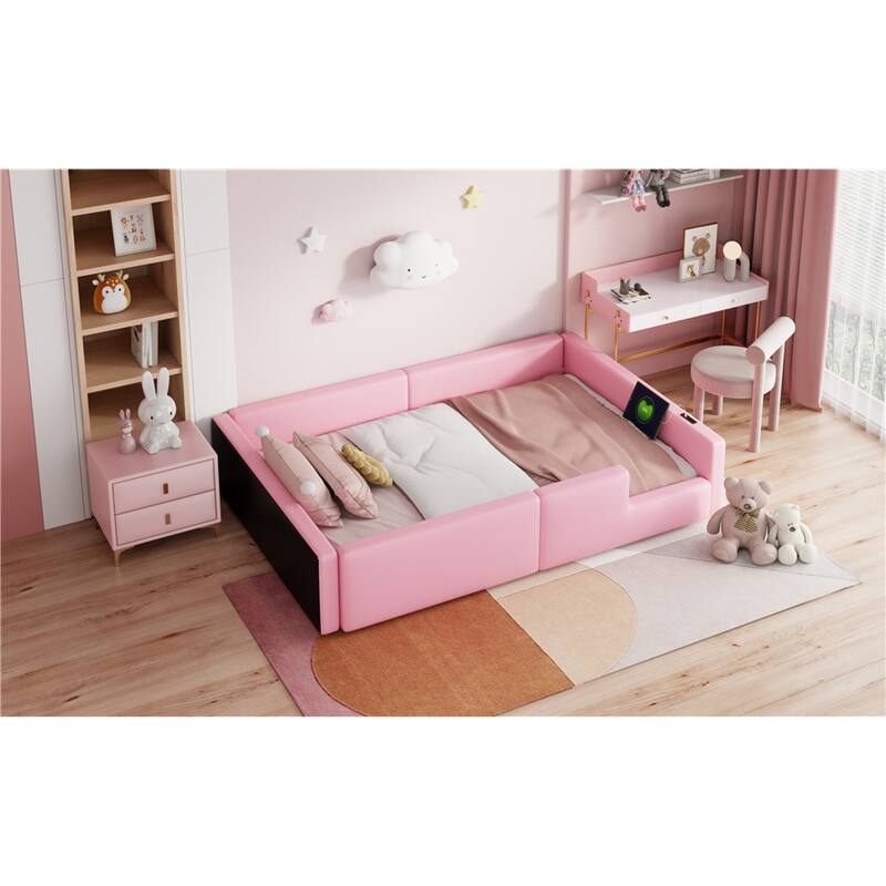 Roomfitters Twin Size Upholstered Floor Bed with USB Charging Ports and High Guardrails, Modern Padded Bed Frame