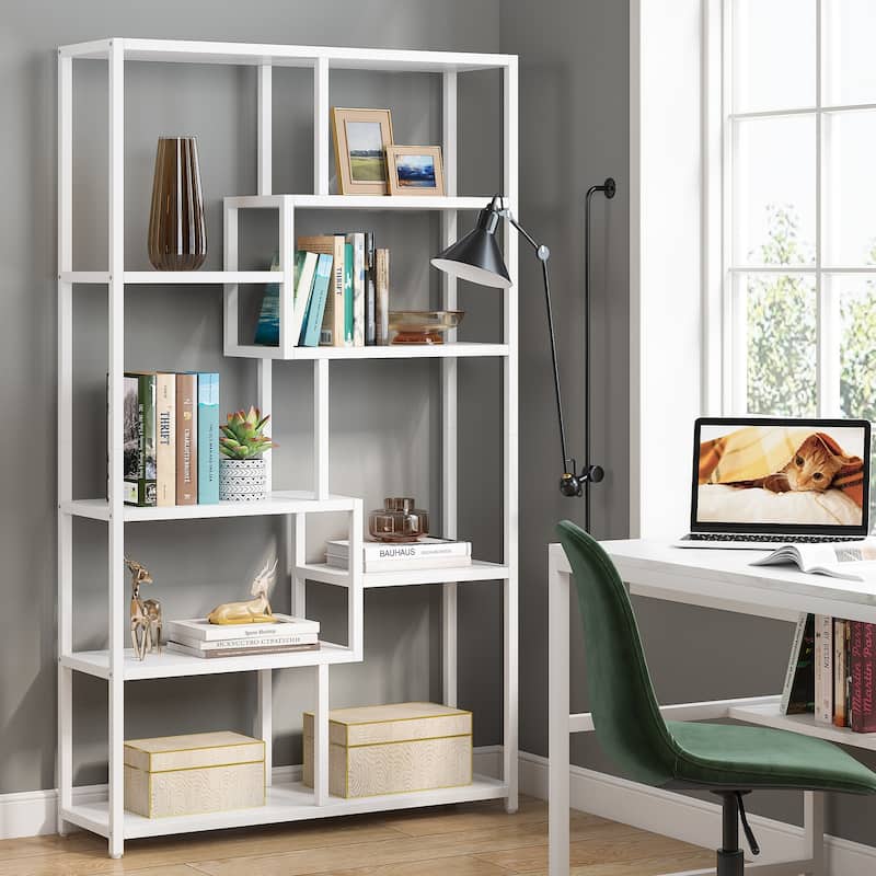 Etagere Bookcase 8 Tier Bookshelf with Gold Metal Frame and White Faux Marble Board for Home office, Living Room