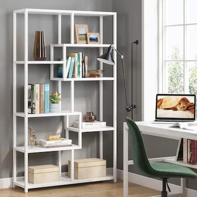 Etagere Bookcase 8 Tier Bookshelf with Gold Metal Frame and White Faux Marble Board for Home office, Living Room