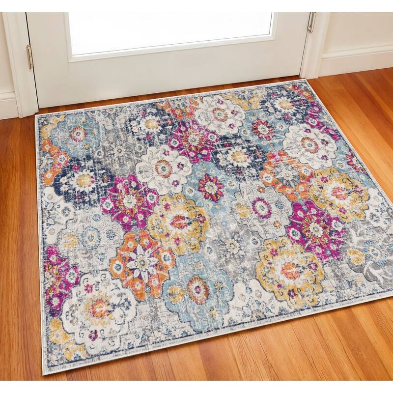 HomeRoots Floral Mid-Century Square Area Rug - 27.00 in. x 24.00 in.  x 0.40 in.