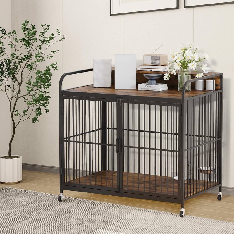 Dog Crate with Wheels, Adjustable Feeder, Storage Shelf, Table Top