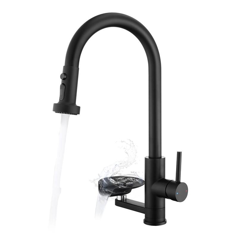 Modern 3-in-1 High-Arc Pull-Down Sprayer Kitchen Faucet with 3 Function Spray Mode & Press-Type Glass Rinser - Matte Black