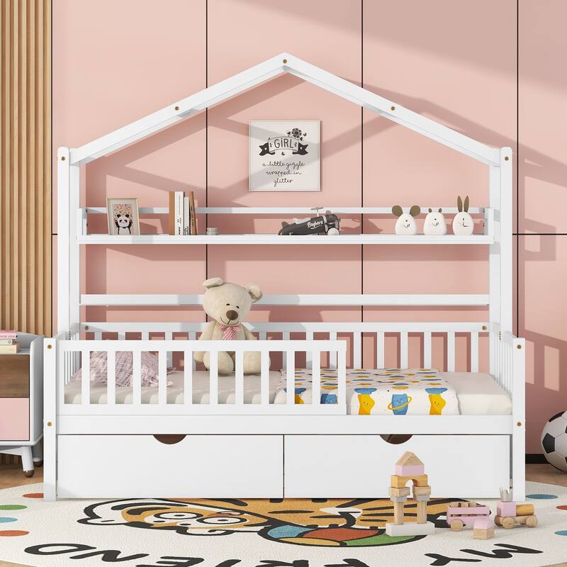 Pine House Bed with Roof, Drawers, and Shelf