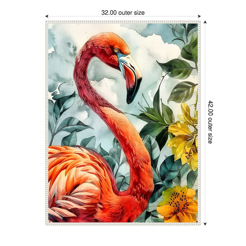 Flamingo in Flowers by Justyna Jaszke Framed Canvas Wall Art - 32 x 42 in