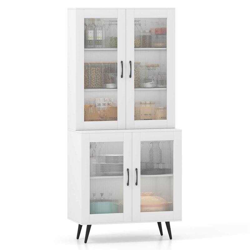 Costway Kitchen Pantry Cabinet with Translucent Fluted Doors & - See Details - White