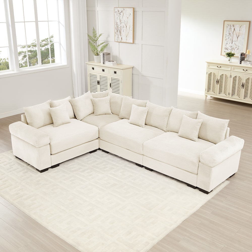 4-Seat Convertible Cloud Corduroy Modular Sofa with 13 Throw Pillows
