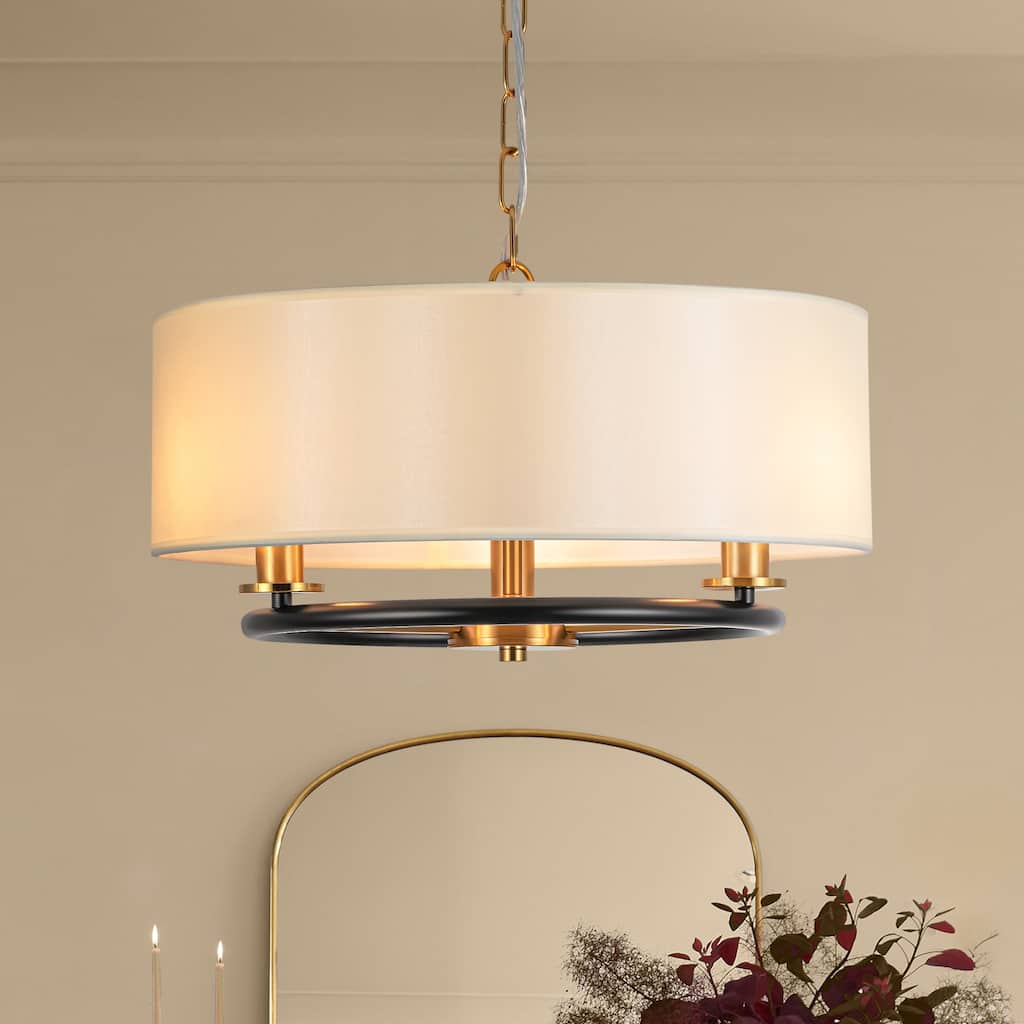 Rennnsan 3-Light Modern Transitional Brass & Black Drum Shade Pendant for Dining Room - 17.7 in. W x 9.8 in. H