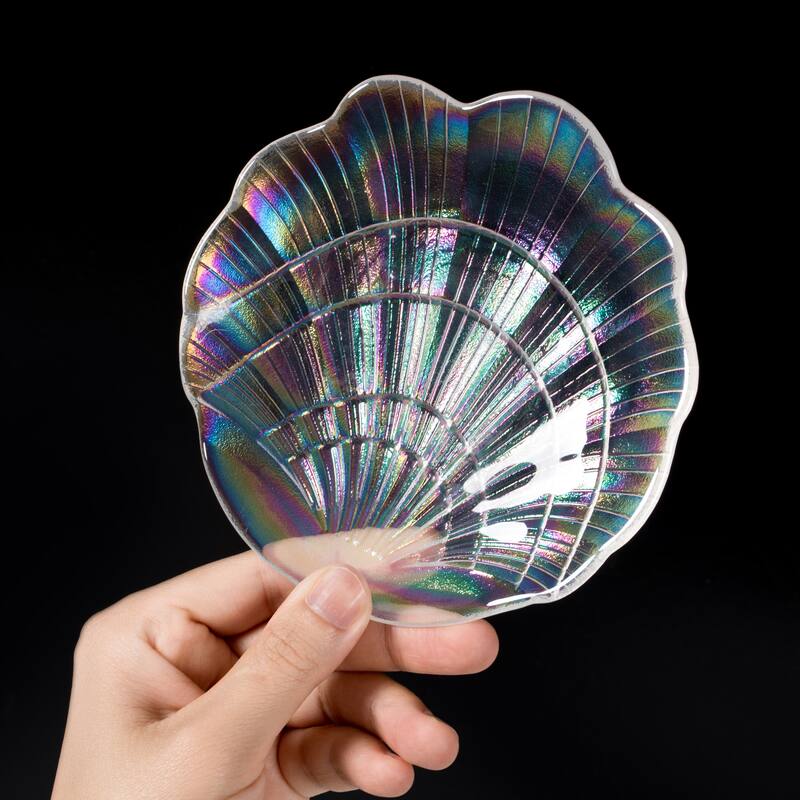 Fabulaxe Iridescent Glass Catchall Clam Shell Jewelry Tray Soap Holder Trinket Dish Ring Plate Vanity Organizer Bathroom