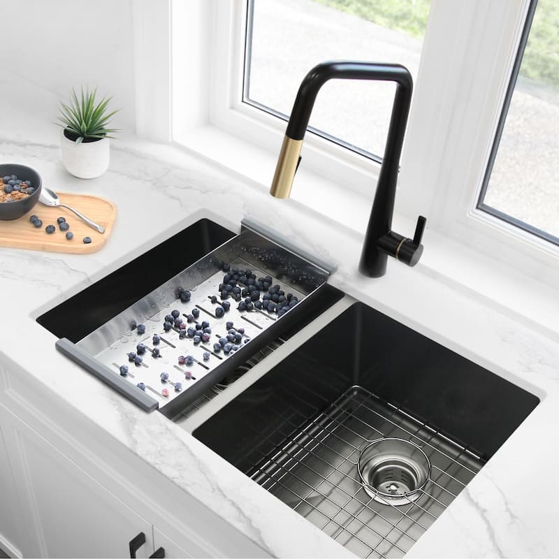 STYLISH 32 inch Graphite Black Double Bowl Undermount Stainless Steel Kitchen Sink with Grids and Basket Strainers Handmade