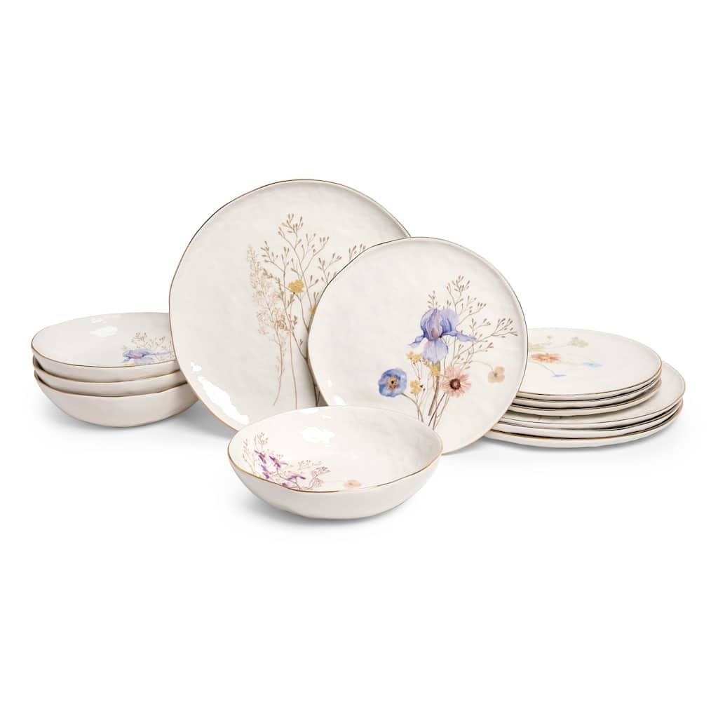 Sango Gansevoort Wildflower 12-Piece Luxury Stoneware Dinnerware Set for 4, White/Gold