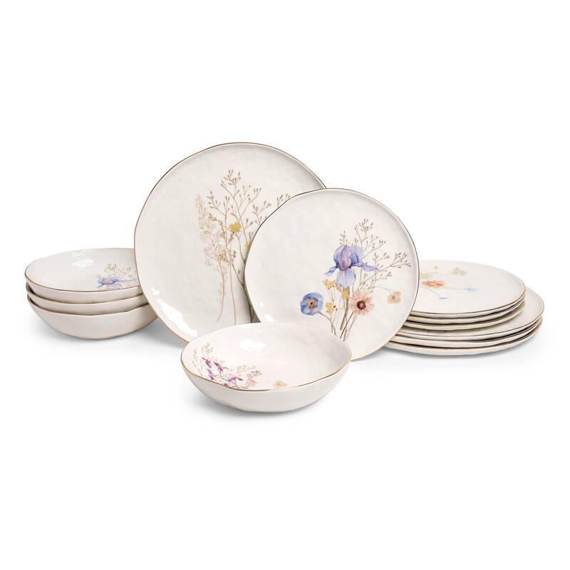 Sango Gansevoort Wildflower 12-Piece Luxury Stoneware Dinnerware Set for 4, White/Gold - Service for 4 - 12 Piece - White