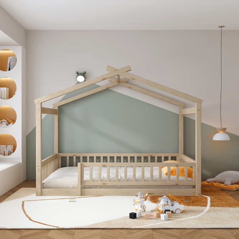 Wooden Full Size House Bed with Fence, Playhouse Design