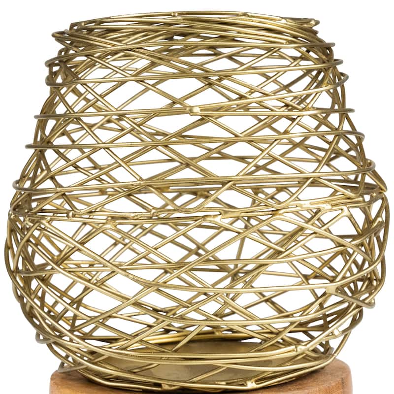 Small Woven Iron Votive Candle Holder with Wooden Base - 6.25" - Brass Finish