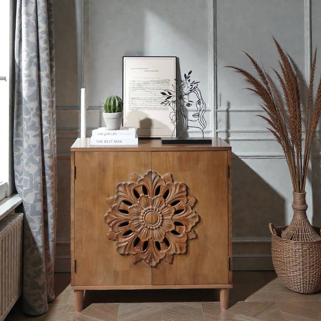 Rustic Hand-Carved Wooden Cabinet with Floral Doors, Boho 2-Door Accent Storage Sideboard for Living Room or Entryway
