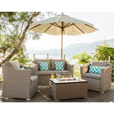COSIEST Outdoor 4-Piece Patio Wicker Conversation Sofa with Fire Table,Tank Outside