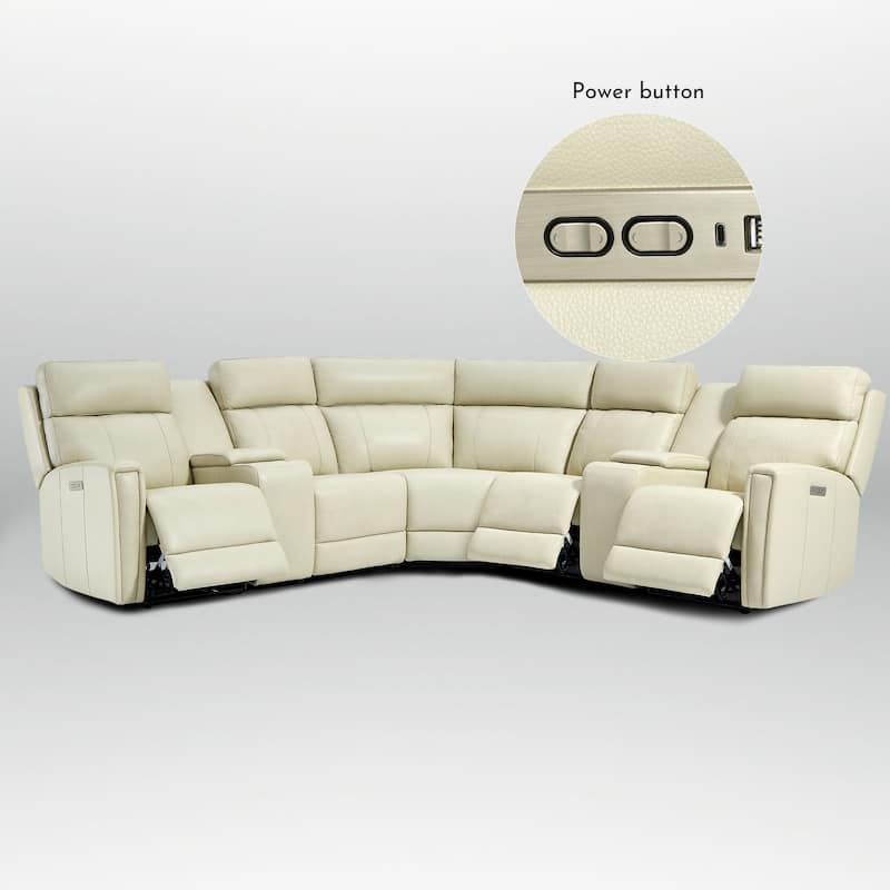 Genuine Leather Power Recliner Sectional Sofa with Ajustable Headrest, USB&USB-C Port