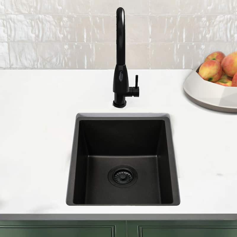 Highpoint Collection European Granite Composite Bar Sink and Drain Set - 15" x 18" x 7.6"