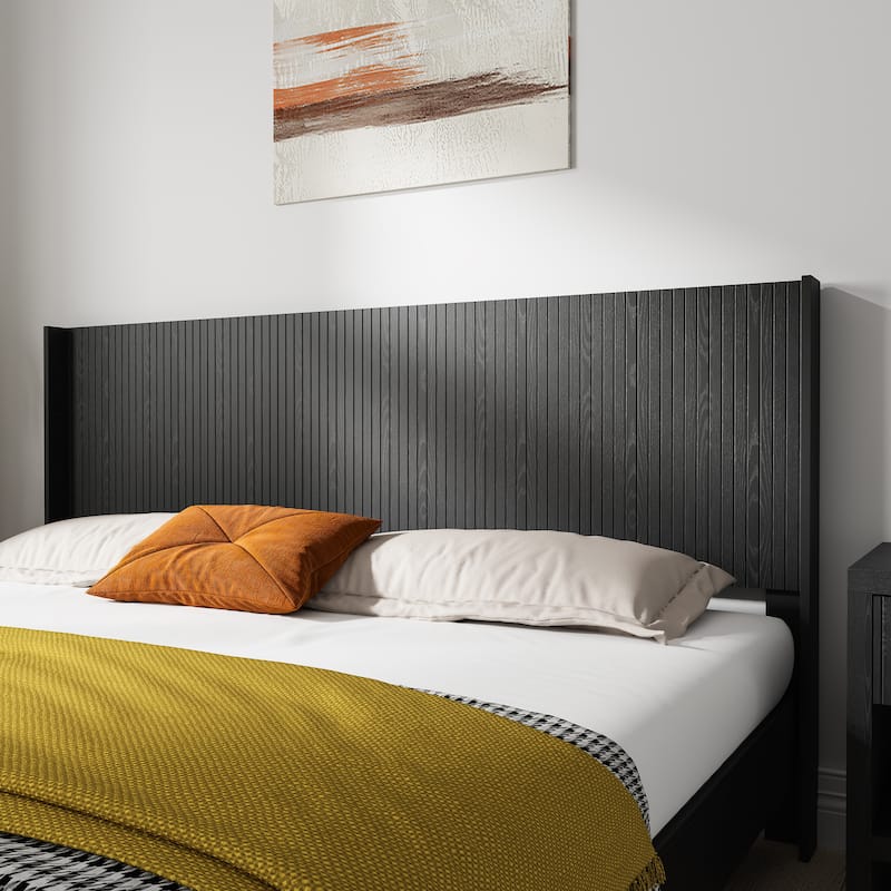 Queen Size Wood Headboard, Modern Farmhouse Design, Wall Mounted Fluted Panel, Black Oak Finish