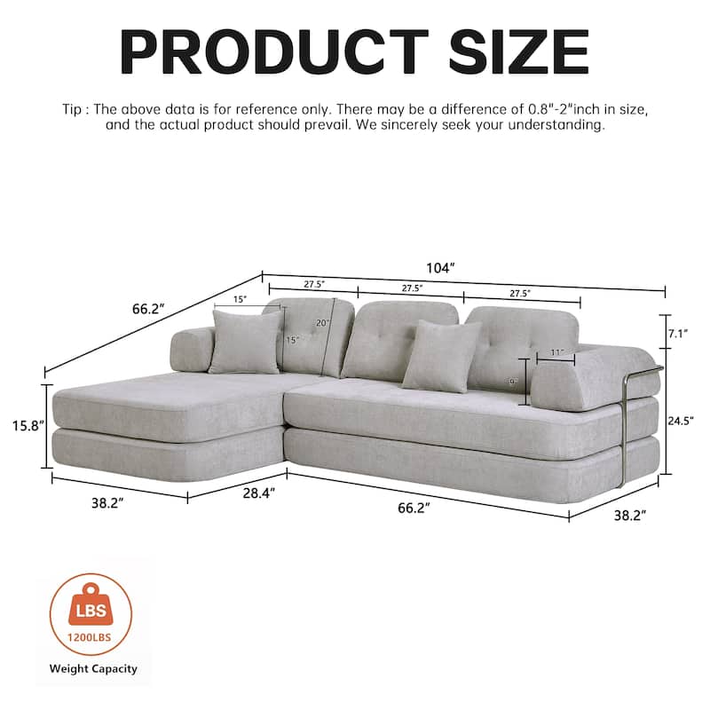 104" Boneless Sofa,Sectional Compressed Couch with Chaise, Deep Seat Modular Sectional Sofa