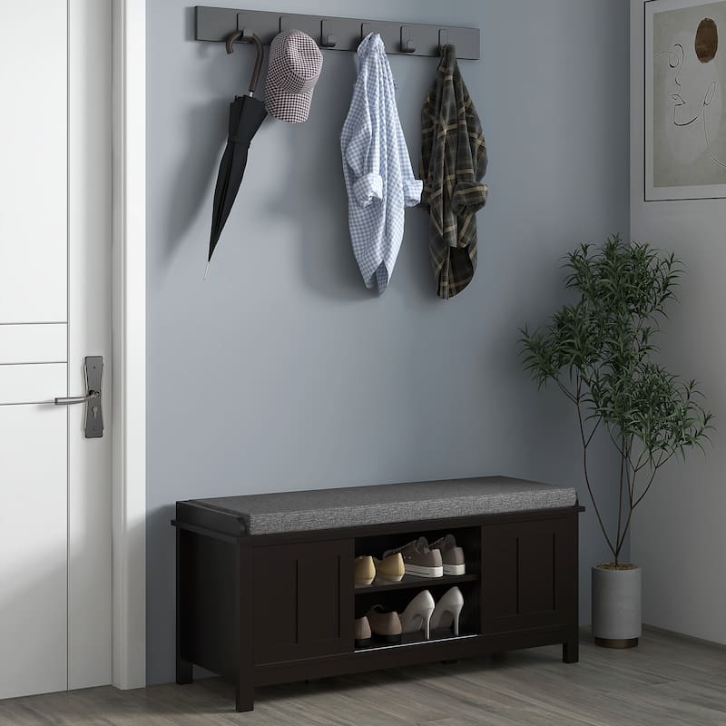 Modern 6 Compartments Shoe Storage Bench with Linen Fabric Cushioned Seat and Sliding Doors - 44" W x 15.75" D x 19.75" H