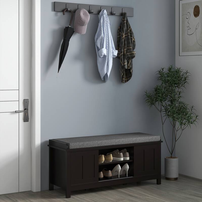 Shoe Bench Storage Ottoman with Sliding Doors, Adjustable Shelving, 6 Compartments, and Padded Seat