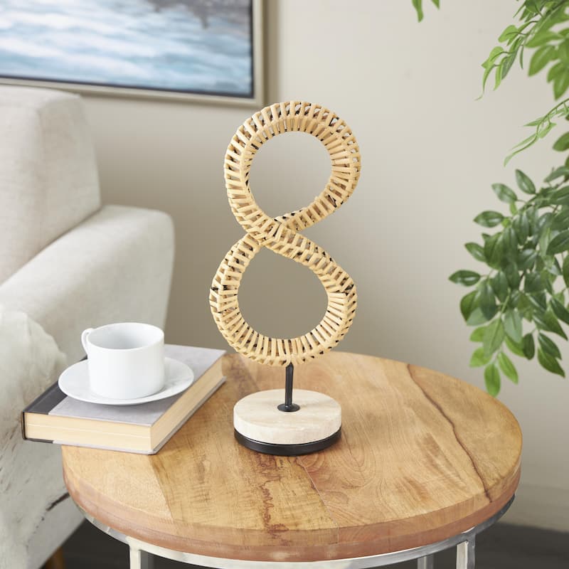Brown Rattan Handmade Infinity Shaped Abstract Decorative Sculpture with White Marble Base