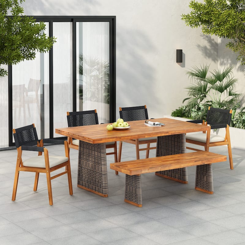Christopher Knight Home - Lucas Acacia Wood Outdoor 6 Piece Dining Set with Rope Woven Backrest - Teak Finish+Black Rope+Grey Wicker+Beige Cushion