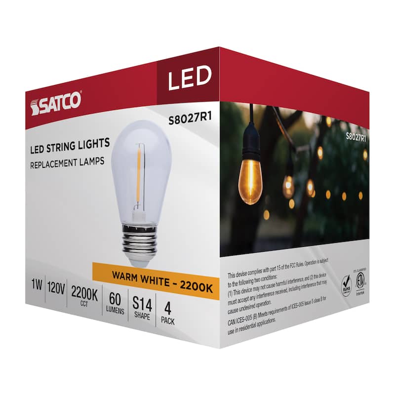 S14 LED String Light Replacement Lamp Medium Base 2200K Clear 4-Pack
