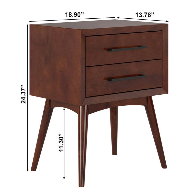 Walnut Solid Wood 2-Drawer Nightstand with Tapered Legs, Sleek Black Handles and Mid-Century Modern Design