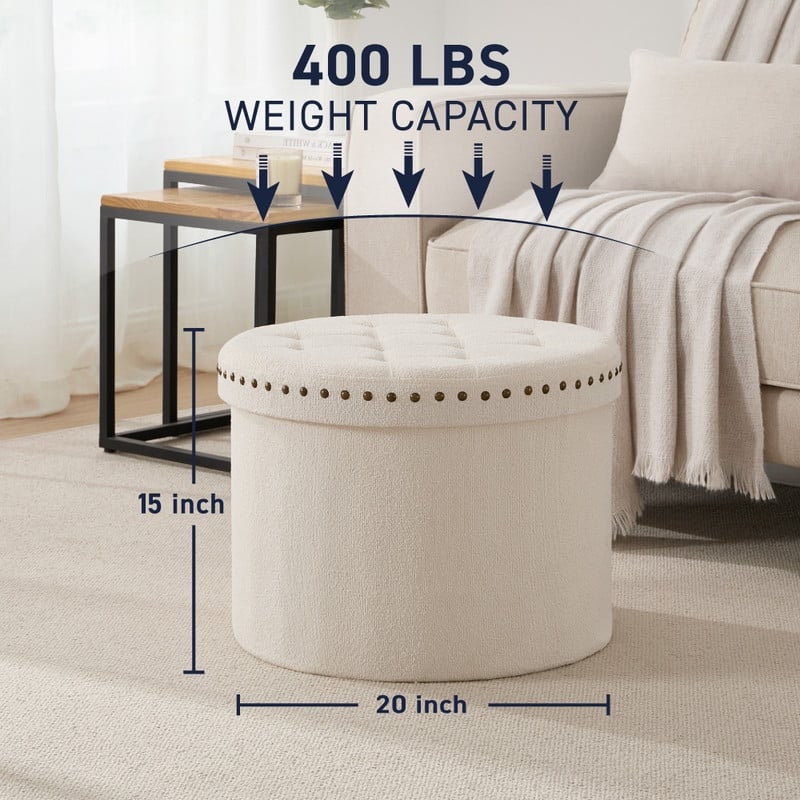 Ornavo Home Decor Large 20" Round Collapsible Storage Ottoman with Nailhead Trim for Living Room and Bedroom