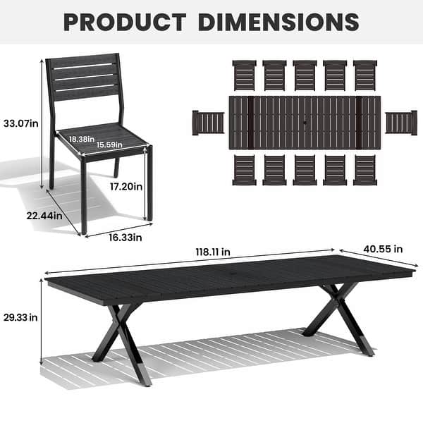 dimension image slide 2 of 4, 11/13-Piece Outdoor Aluminum Dining Table Set Rectangular Table with Umbrella Hole and Stackable Chairs