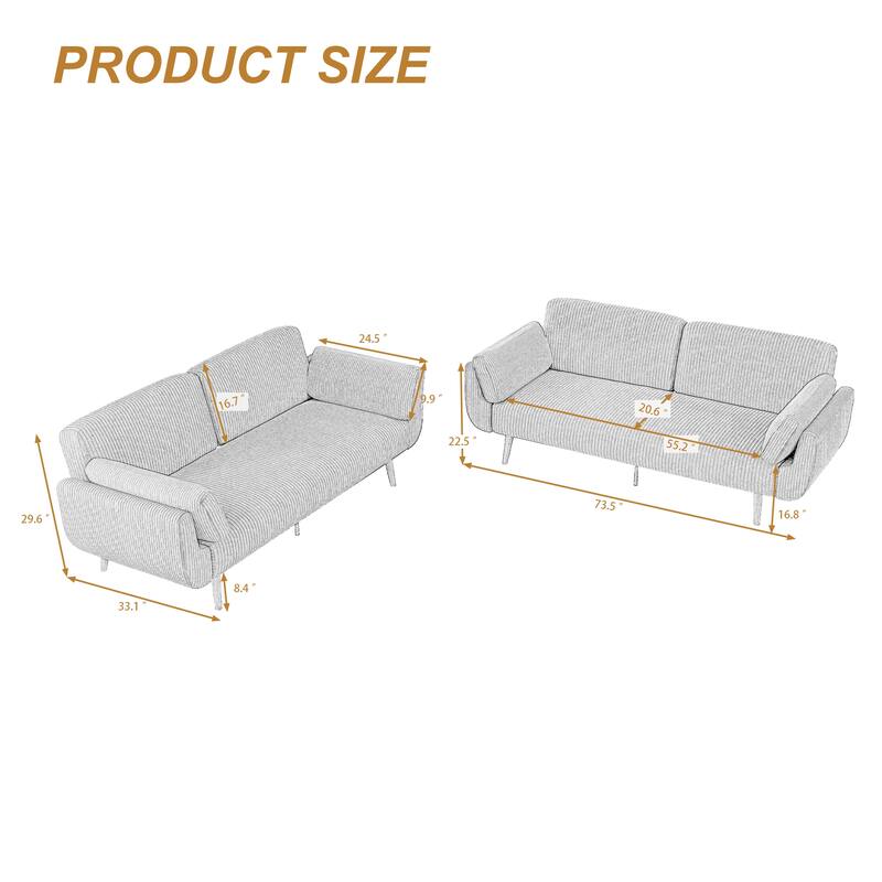 2 Set 73.5" W Upholstered Convertible Sleeper Sofa Bed with Pillows
