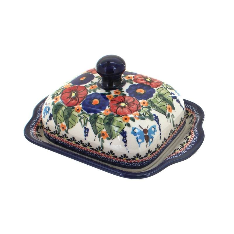 Blue Rose Polish Pottery 858 Zaklady Square Butter Dish - Floral Butterfly