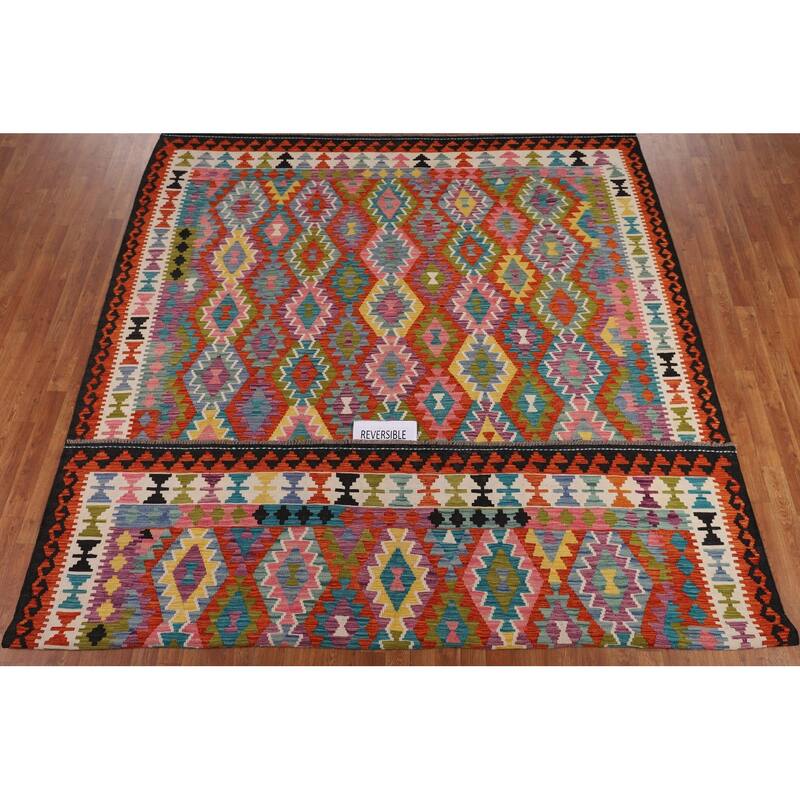 Reversible Kilim Area Rug Hand-Woven Bedroom Wool Carpet - 8'9" x 11'4"