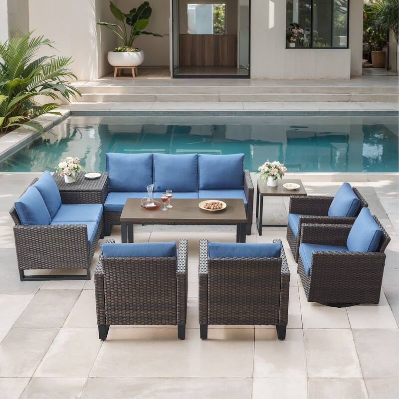 Gymojoy 9 Person Outdoor Courtyard Wicker Family Conversation Set Group With Swivel Chairs And Storage - Brown Wicker / Blue Cusion - 9-Piece