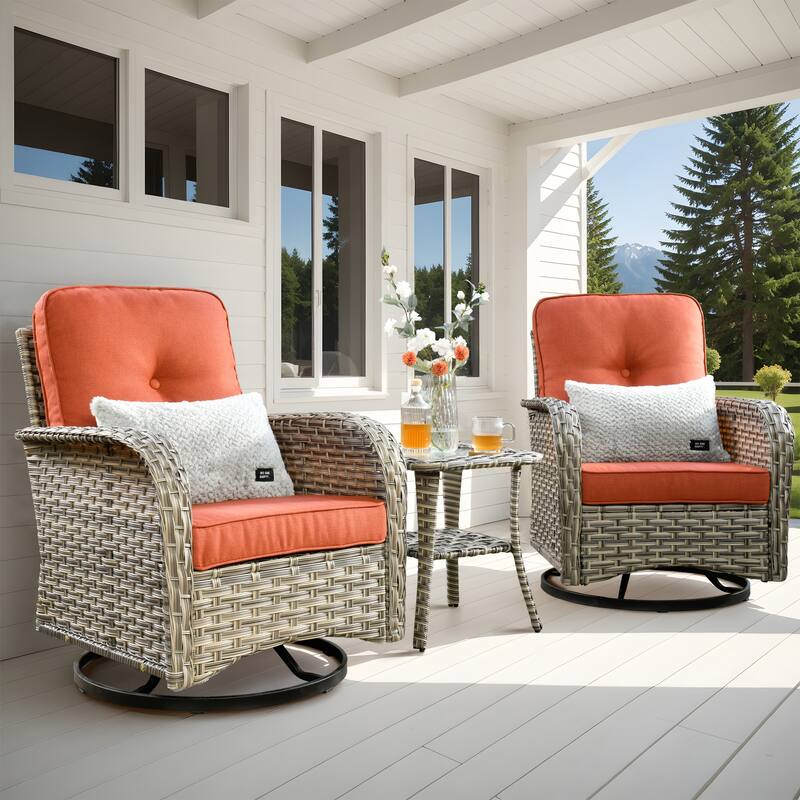 OVIOS 10 Pieces Outdoor Wicker Swivel Chair Set With Solar-Powered Coffee Table