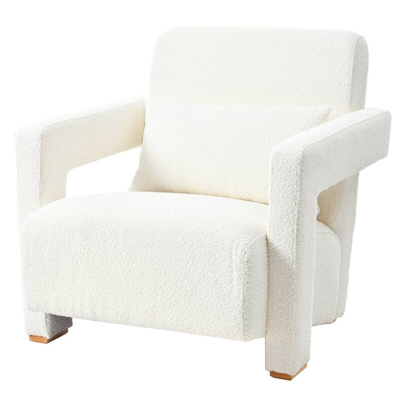 Boucle Accent Chair with Ergonomic Lumbar Support and Square Wooden Legs and Right-Angle Armrests, Inclined Seat